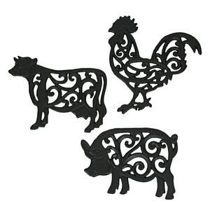 Set of 3 Black Cast Iron Farm Animal Kitchen Trivets Decorative Wall Hanging Art